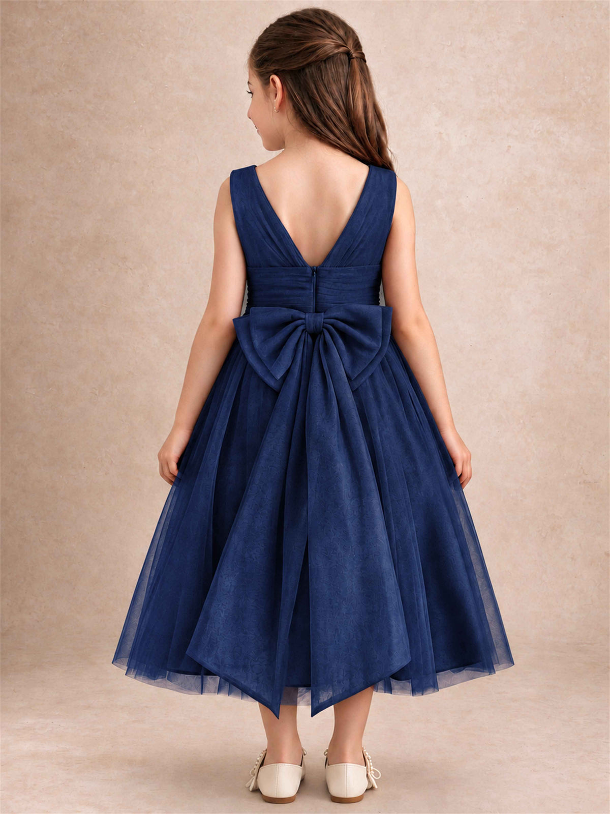 Sleeveless Tulle Flower Girl Dress A Line Tea Length Pleated Kids Wedding Party Gown