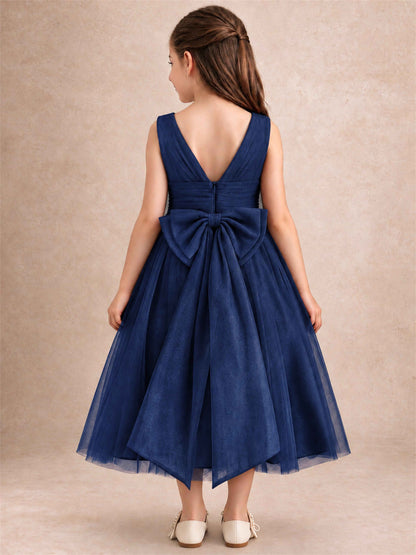 Sleeveless Tulle Flower Girl Dress A Line Tea Length Pleated Kids Wedding Party Gown