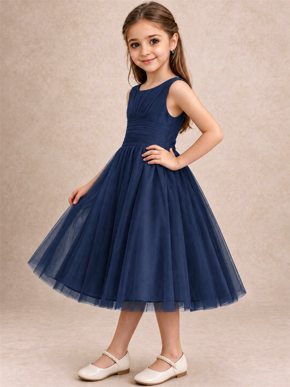 Sleeveless Tulle Flower Girl Dress A Line Tea Length Pleated Kids Wedding Party Gown
