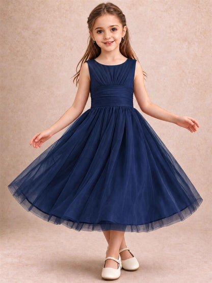 Sleeveless Tulle Flower Girl Dress A Line Tea Length Pleated Kids Wedding Party Gown