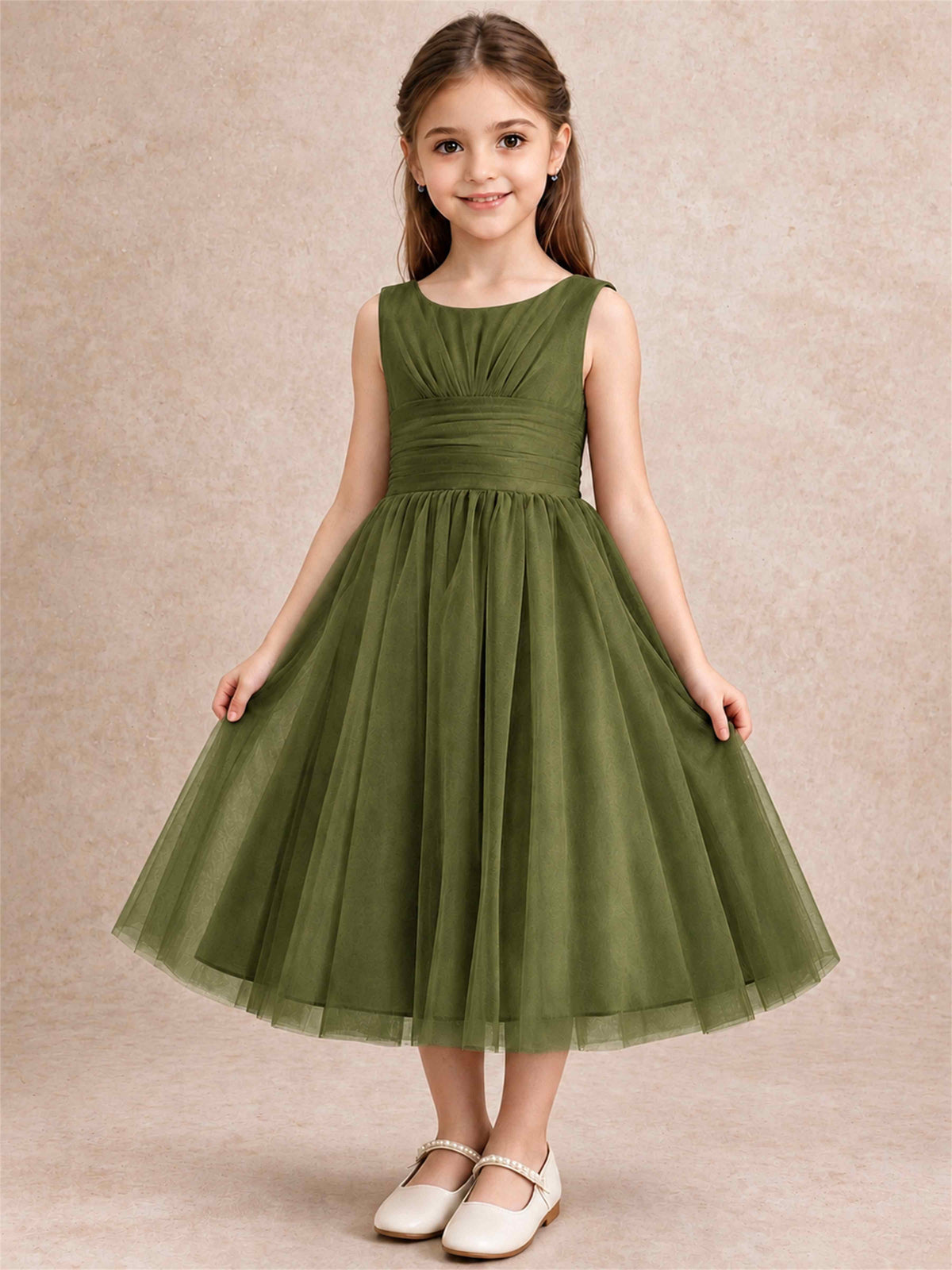 Sleeveless Tulle Flower Girl Dress A Line Tea Length Pleated Kids Wedding Party Gown