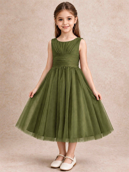 Sleeveless Tulle Flower Girl Dress A Line Tea Length Pleated Kids Wedding Party Gown