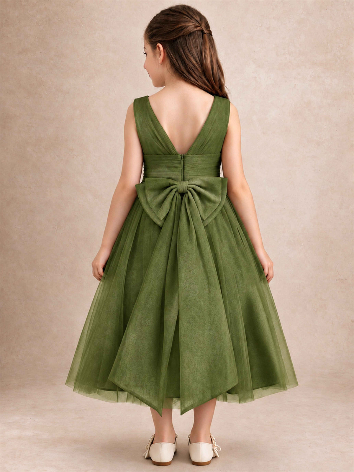 Sleeveless Tulle Flower Girl Dress A Line Tea Length Pleated Kids Wedding Party Gown