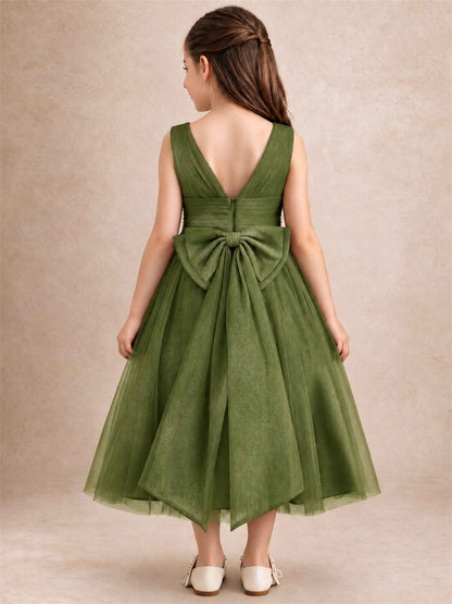 Sleeveless Tulle Flower Girl Dress A Line Tea Length Pleated Kids Wedding Party Gown