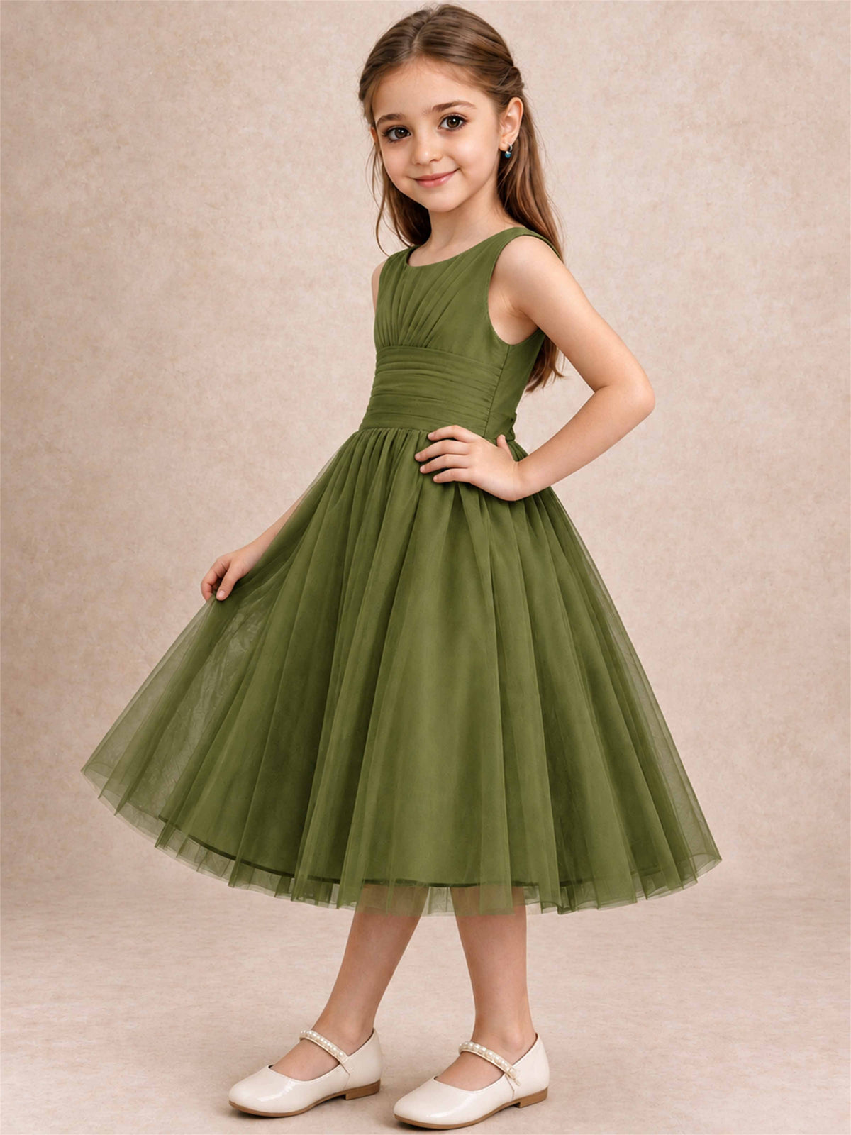 Sleeveless Tulle Flower Girl Dress A Line Tea Length Pleated Kids Wedding Party Gown