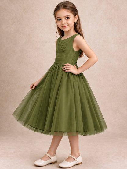 Sleeveless Tulle Flower Girl Dress A Line Tea Length Pleated Kids Wedding Party Gown