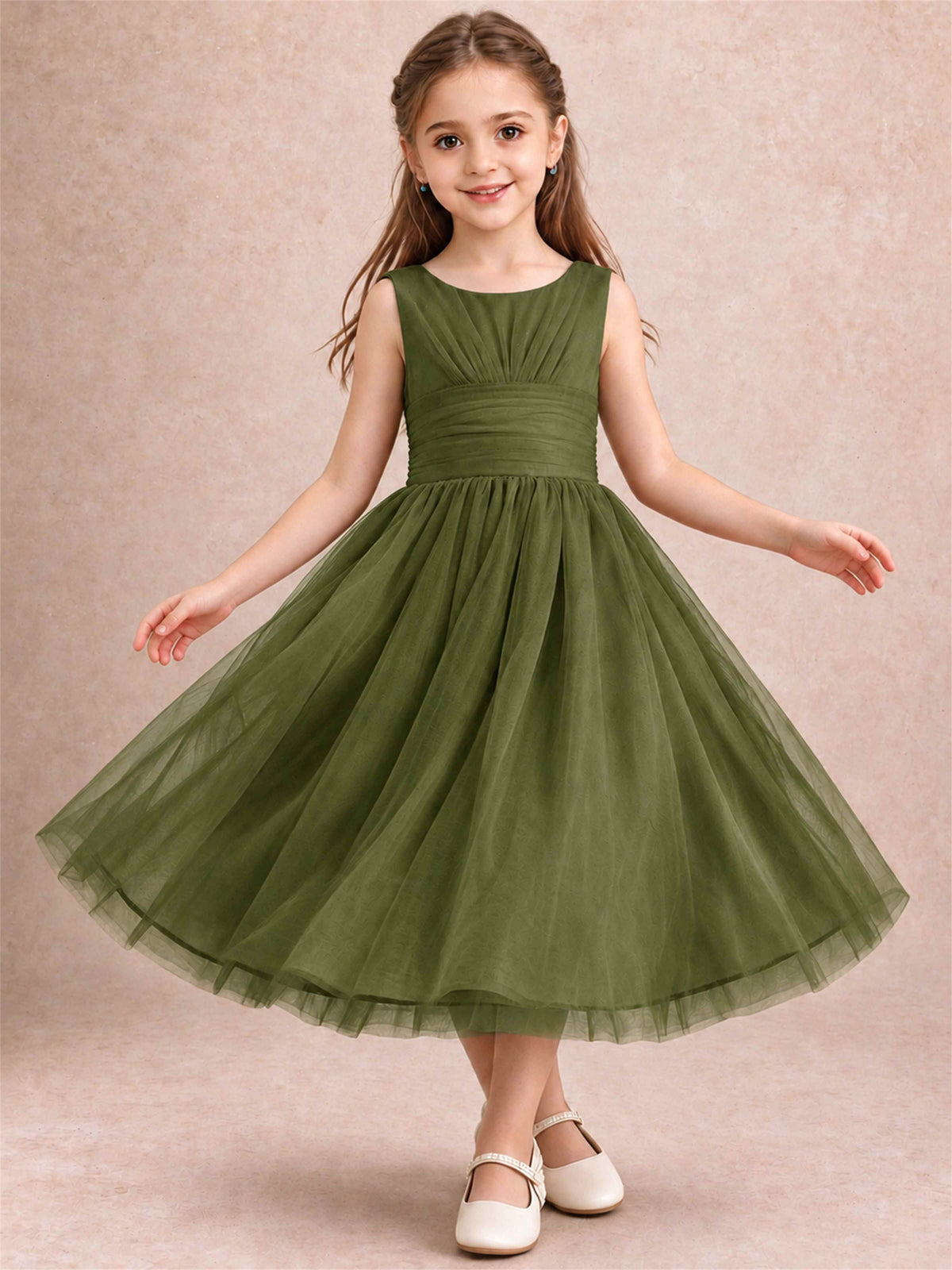 Sleeveless Tulle Flower Girl Dress A Line Tea Length Pleated Kids Wedding Party Gown