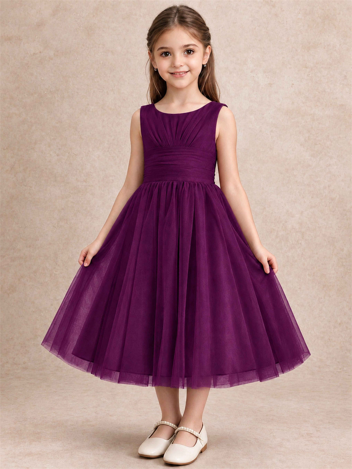 Sleeveless Tulle Flower Girl Dress A Line Tea Length Pleated Kids Wedding Party Gown