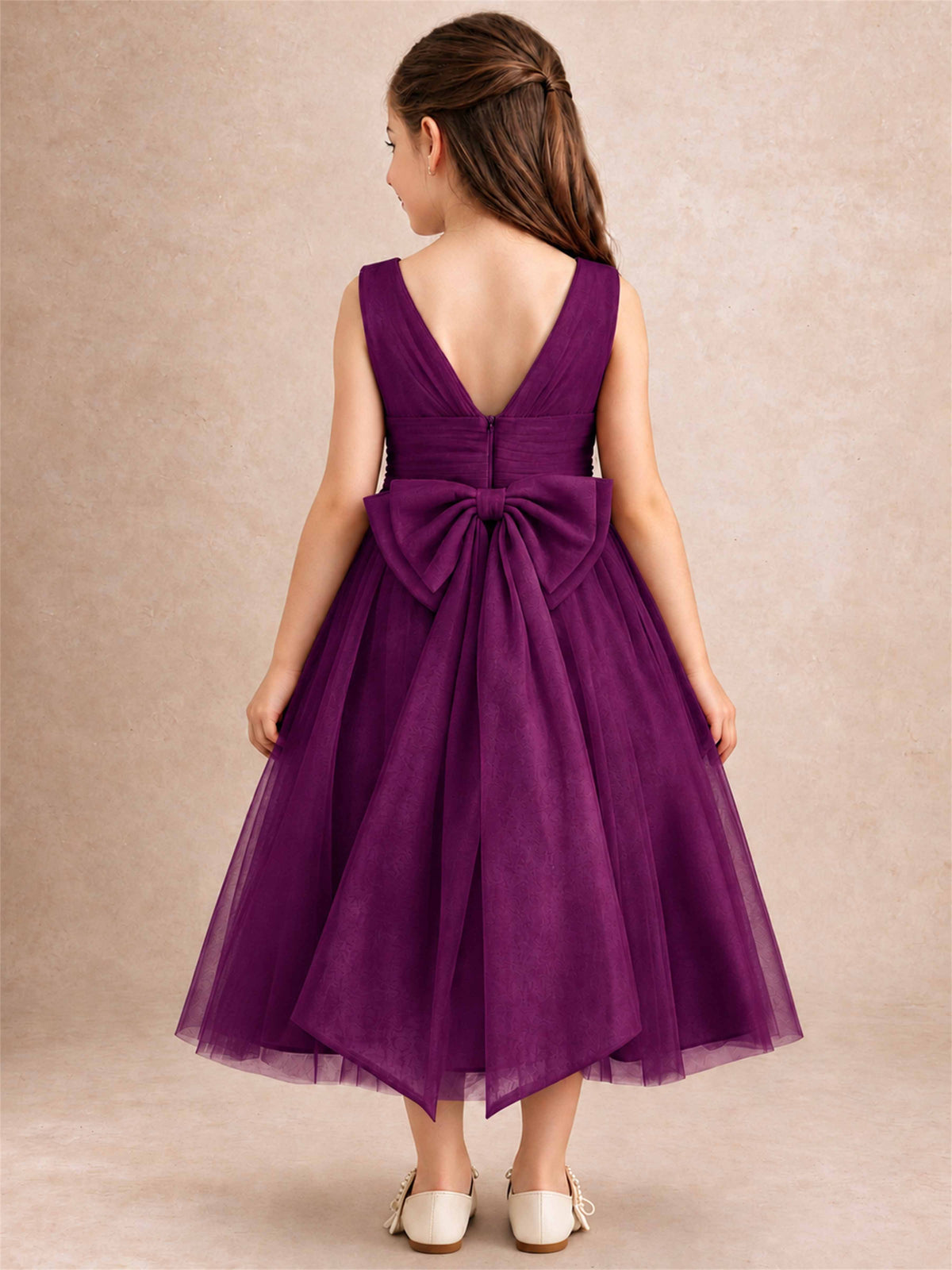 Sleeveless Tulle Flower Girl Dress A Line Tea Length Pleated Kids Wedding Party Gown