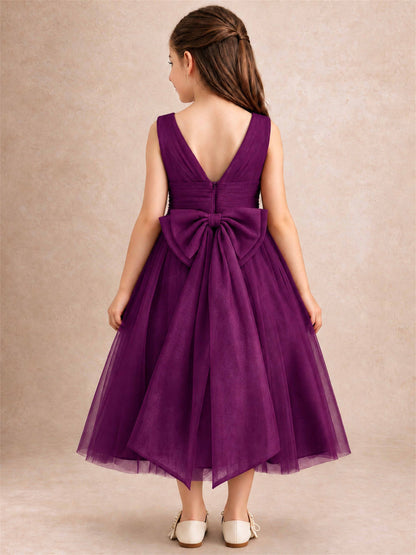 Sleeveless Tulle Flower Girl Dress A Line Tea Length Pleated Kids Wedding Party Gown