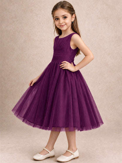 Sleeveless Tulle Flower Girl Dress A Line Tea Length Pleated Kids Wedding Party Gown