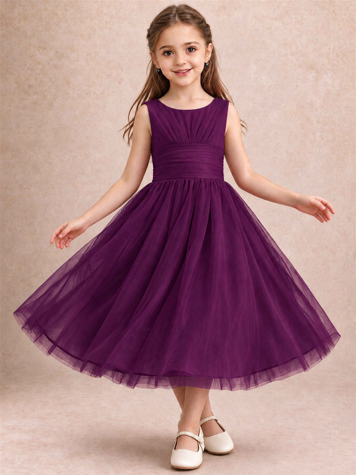 Sleeveless Tulle Flower Girl Dress A Line Tea Length Pleated Kids Wedding Party Gown