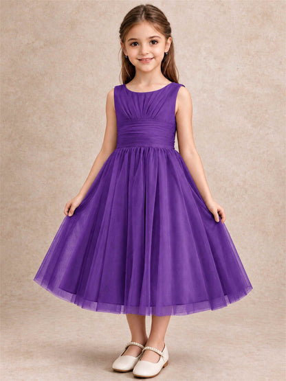 Sleeveless Tulle Flower Girl Dress A Line Tea Length Pleated Kids Wedding Party Gown