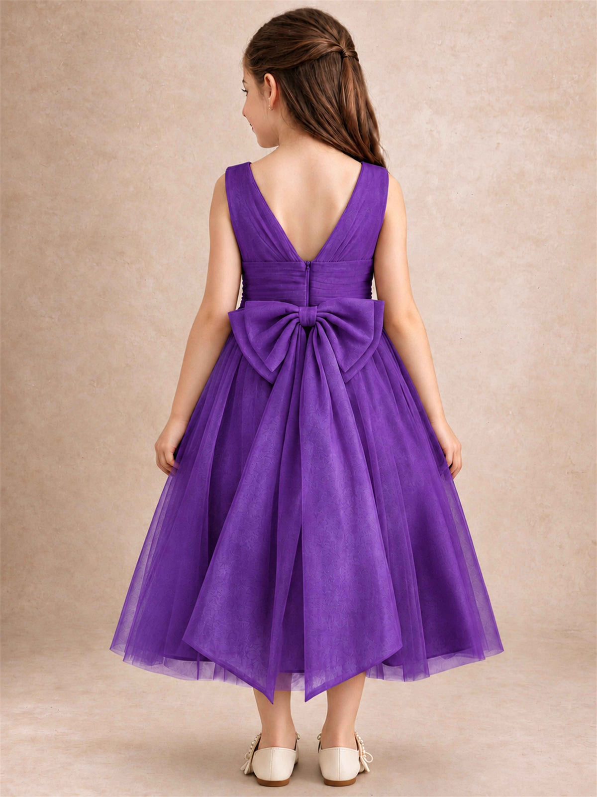 Sleeveless Tulle Flower Girl Dress A Line Tea Length Pleated Kids Wedding Party Gown