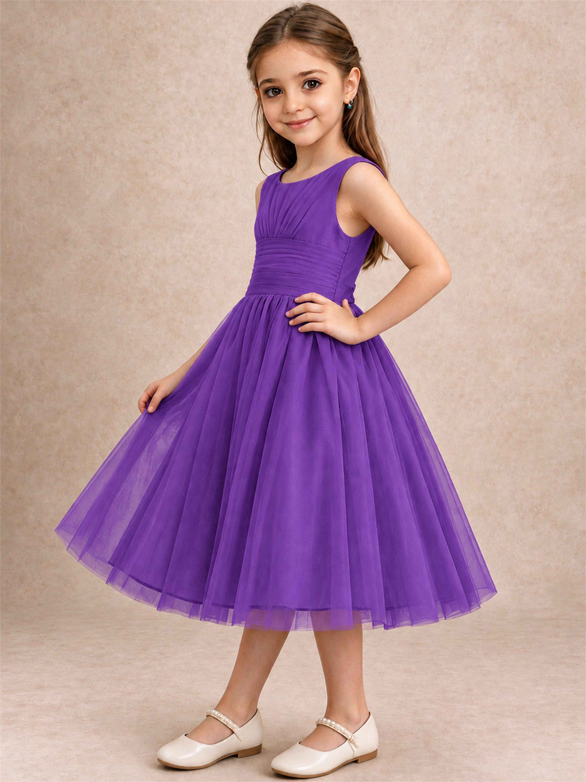 Sleeveless Tulle Flower Girl Dress A Line Tea Length Pleated Kids Wedding Party Gown