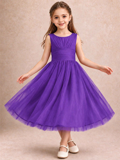 Sleeveless Tulle Flower Girl Dress A Line Tea Length Pleated Kids Wedding Party Gown