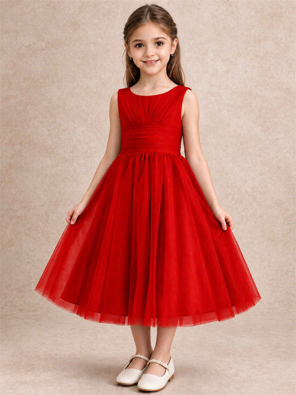 Sleeveless Tulle Flower Girl Dress A Line Tea Length Pleated Kids Wedding Party Gown