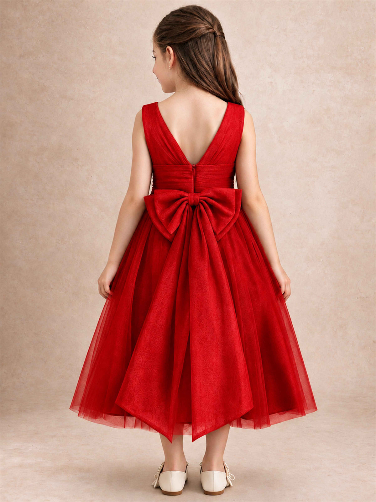 Sleeveless Tulle Flower Girl Dress A Line Tea Length Pleated Kids Wedding Party Gown