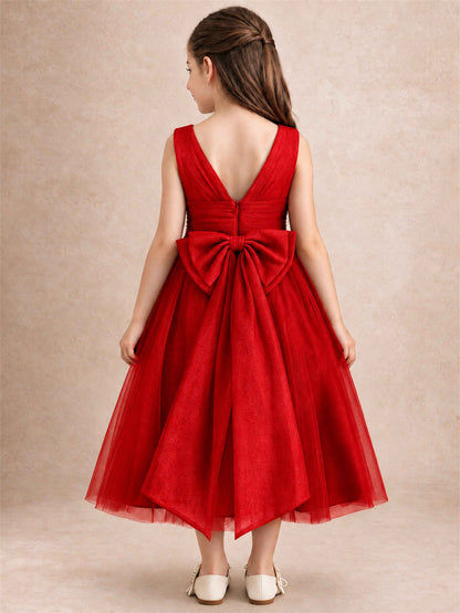 Sleeveless Tulle Flower Girl Dress A Line Tea Length Pleated Kids Wedding Party Gown