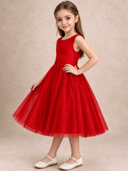 Sleeveless Tulle Flower Girl Dress A Line Tea Length Pleated Kids Wedding Party Gown