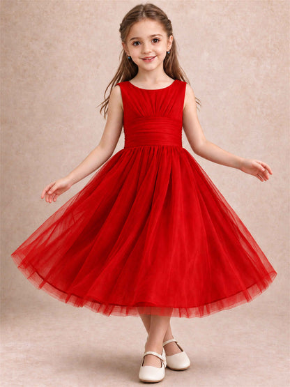 Sleeveless Tulle Flower Girl Dress A Line Tea Length Pleated Kids Wedding Party Gown