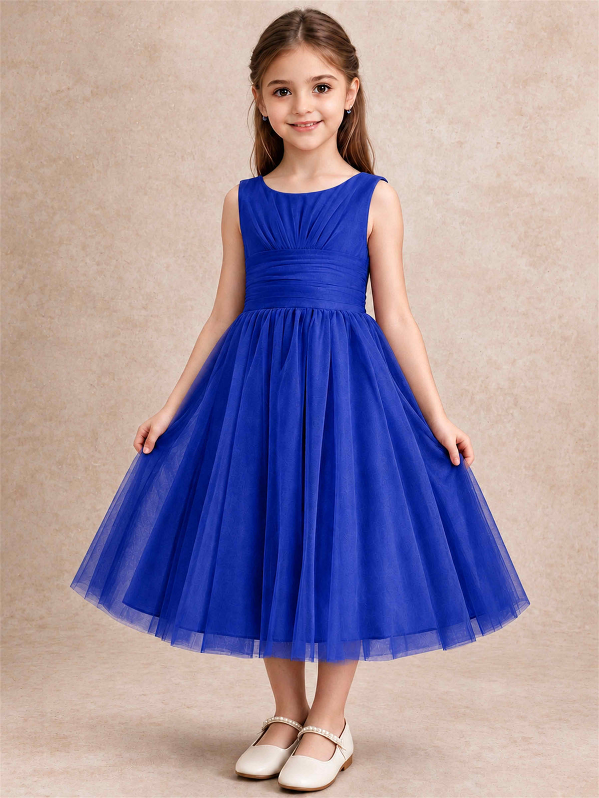 Sleeveless Tulle Flower Girl Dress A Line Tea Length Pleated Kids Wedding Party Gown