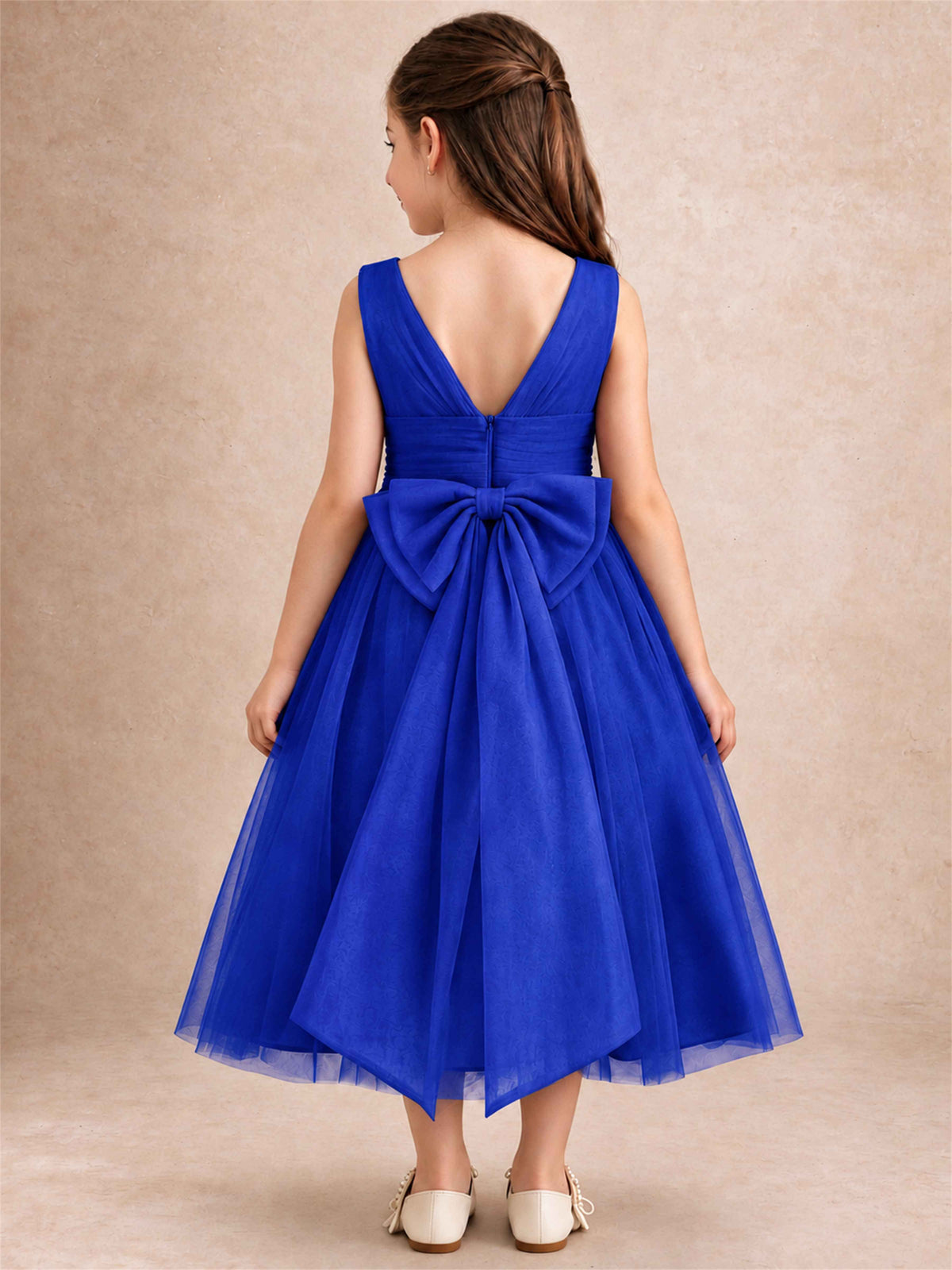 Sleeveless Tulle Flower Girl Dress A Line Tea Length Pleated Kids Wedding Party Gown
