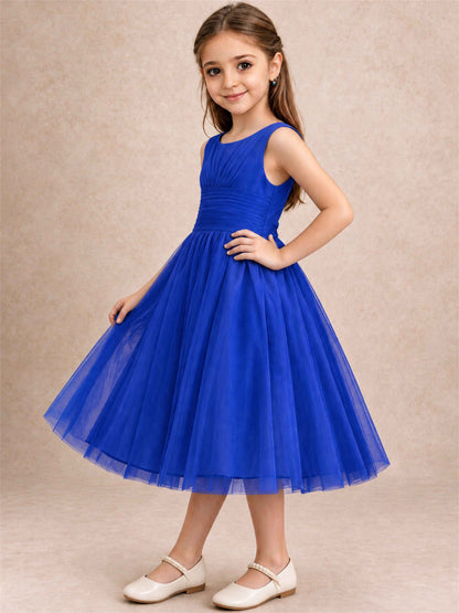 Sleeveless Tulle Flower Girl Dress A Line Tea Length Pleated Kids Wedding Party Gown