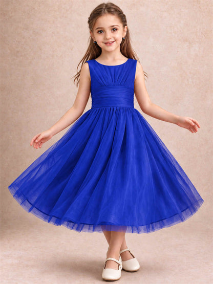 Sleeveless Tulle Flower Girl Dress A Line Tea Length Pleated Kids Wedding Party Gown