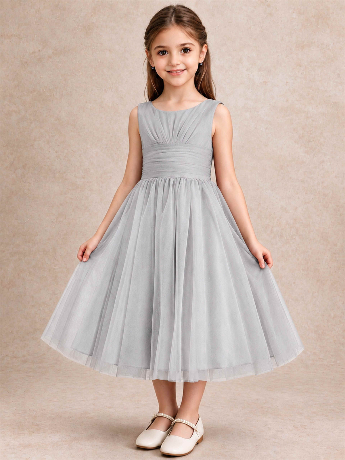 Sleeveless Tulle Flower Girl Dress A Line Tea Length Pleated Kids Wedding Party Gown