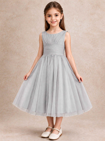 Sleeveless Tulle Flower Girl Dress A Line Tea Length Pleated Kids Wedding Party Gown