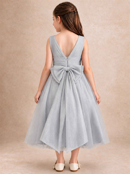 Sleeveless Tulle Flower Girl Dress A Line Tea Length Pleated Kids Wedding Party Gown