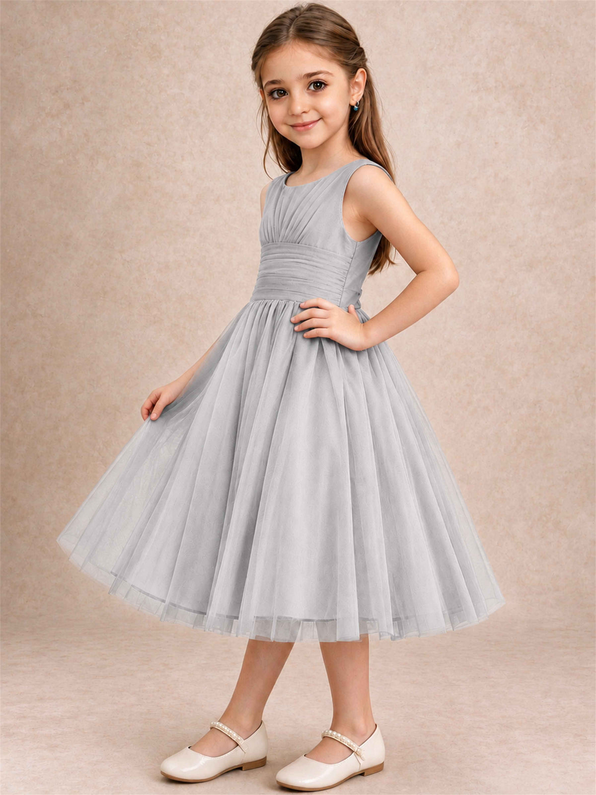 Sleeveless Tulle Flower Girl Dress A Line Tea Length Pleated Kids Wedding Party Gown