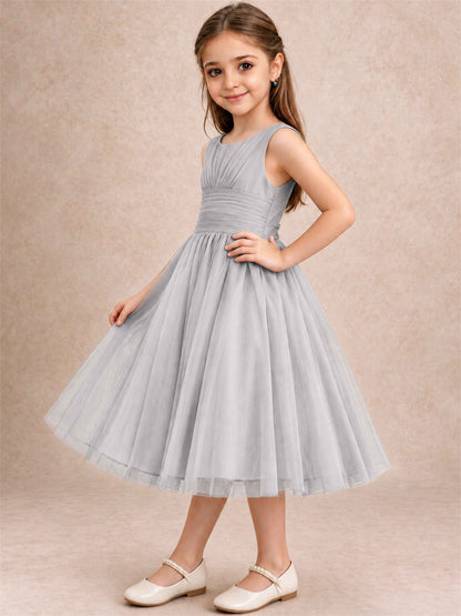 Sleeveless Tulle Flower Girl Dress A Line Tea Length Pleated Kids Wedding Party Gown