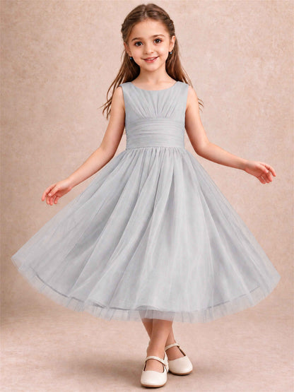 Sleeveless Tulle Flower Girl Dress A Line Tea Length Pleated Kids Wedding Party Gown