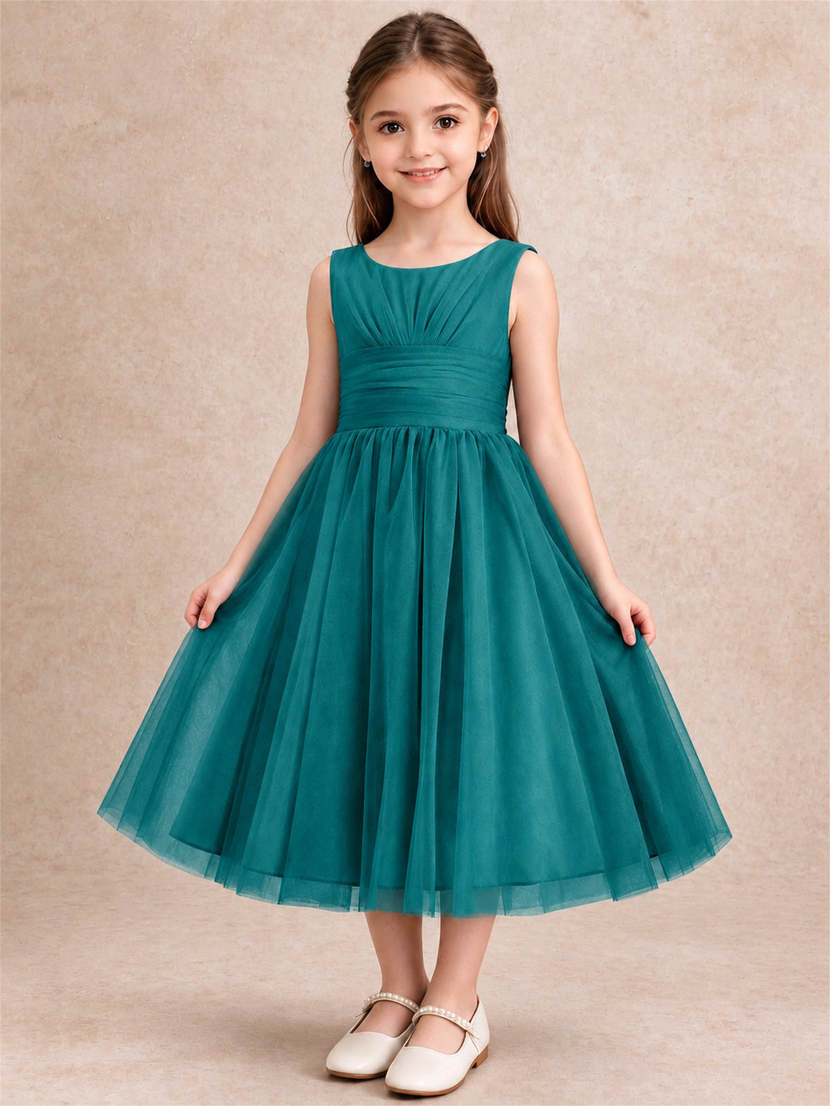 Sleeveless Tulle Flower Girl Dress A Line Tea Length Pleated Kids Wedding Party Gown