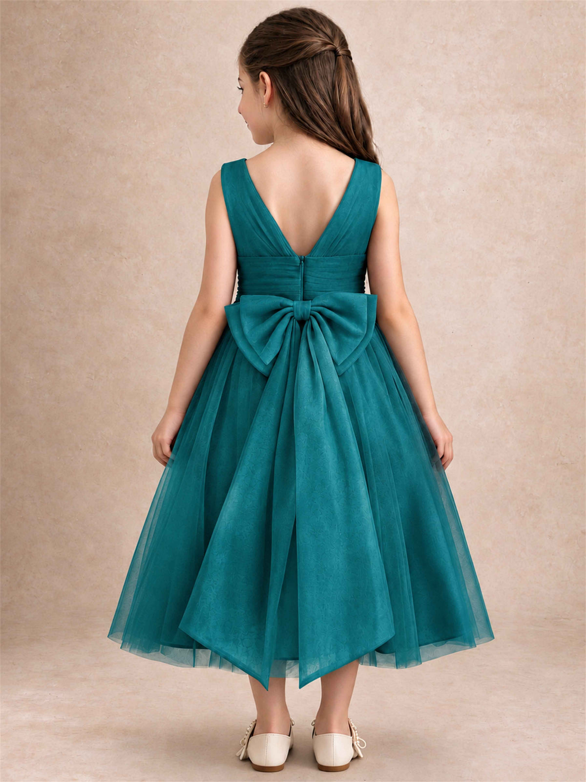 Sleeveless Tulle Flower Girl Dress A Line Tea Length Pleated Kids Wedding Party Gown
