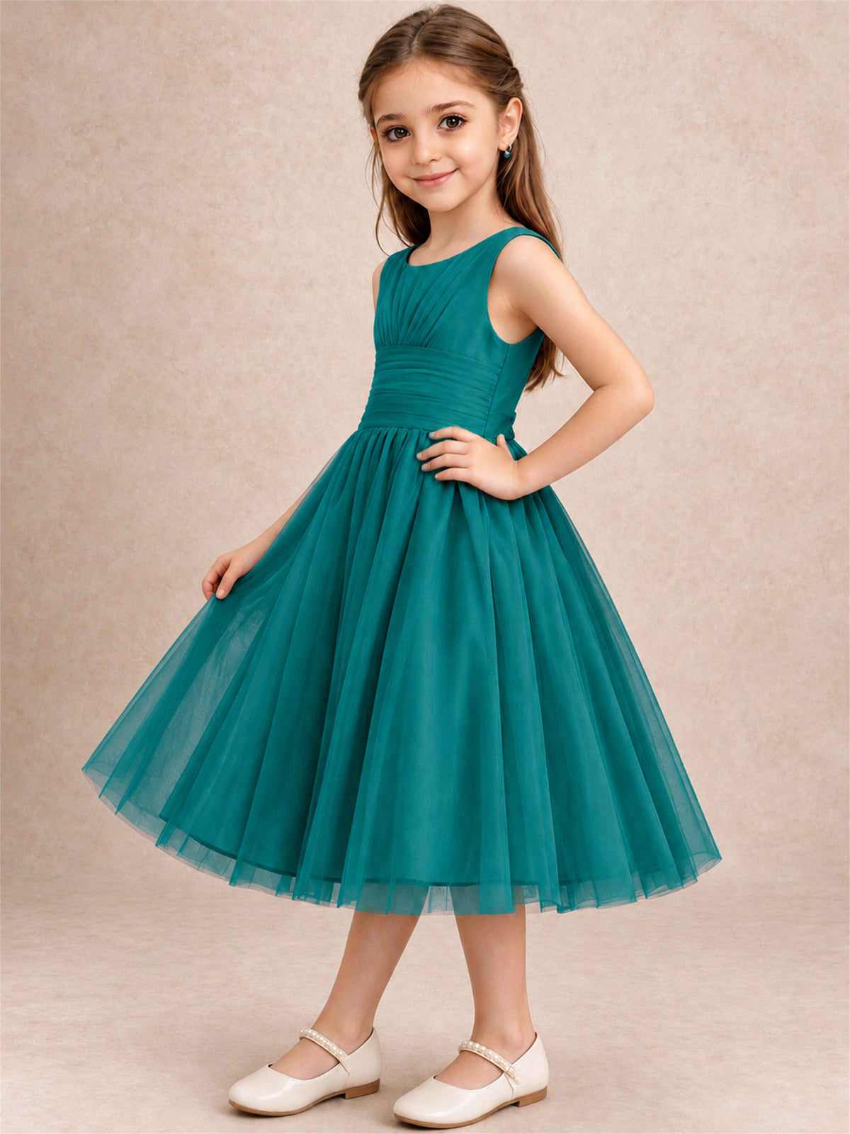 Sleeveless Tulle Flower Girl Dress A Line Tea Length Pleated Kids Wedding Party Gown