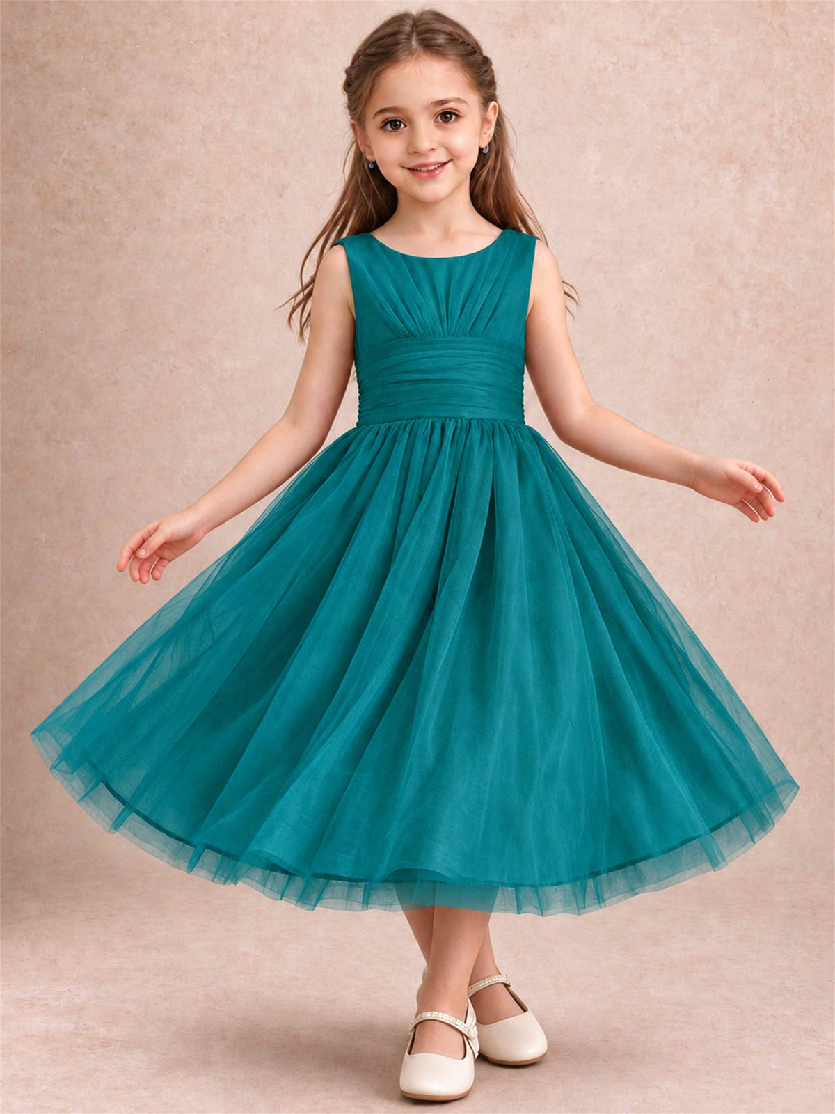 Sleeveless Tulle Flower Girl Dress A Line Tea Length Pleated Kids Wedding Party Gown