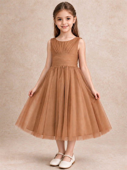 Sleeveless Tulle Flower Girl Dress A Line Tea Length Pleated Kids Wedding Party Gown