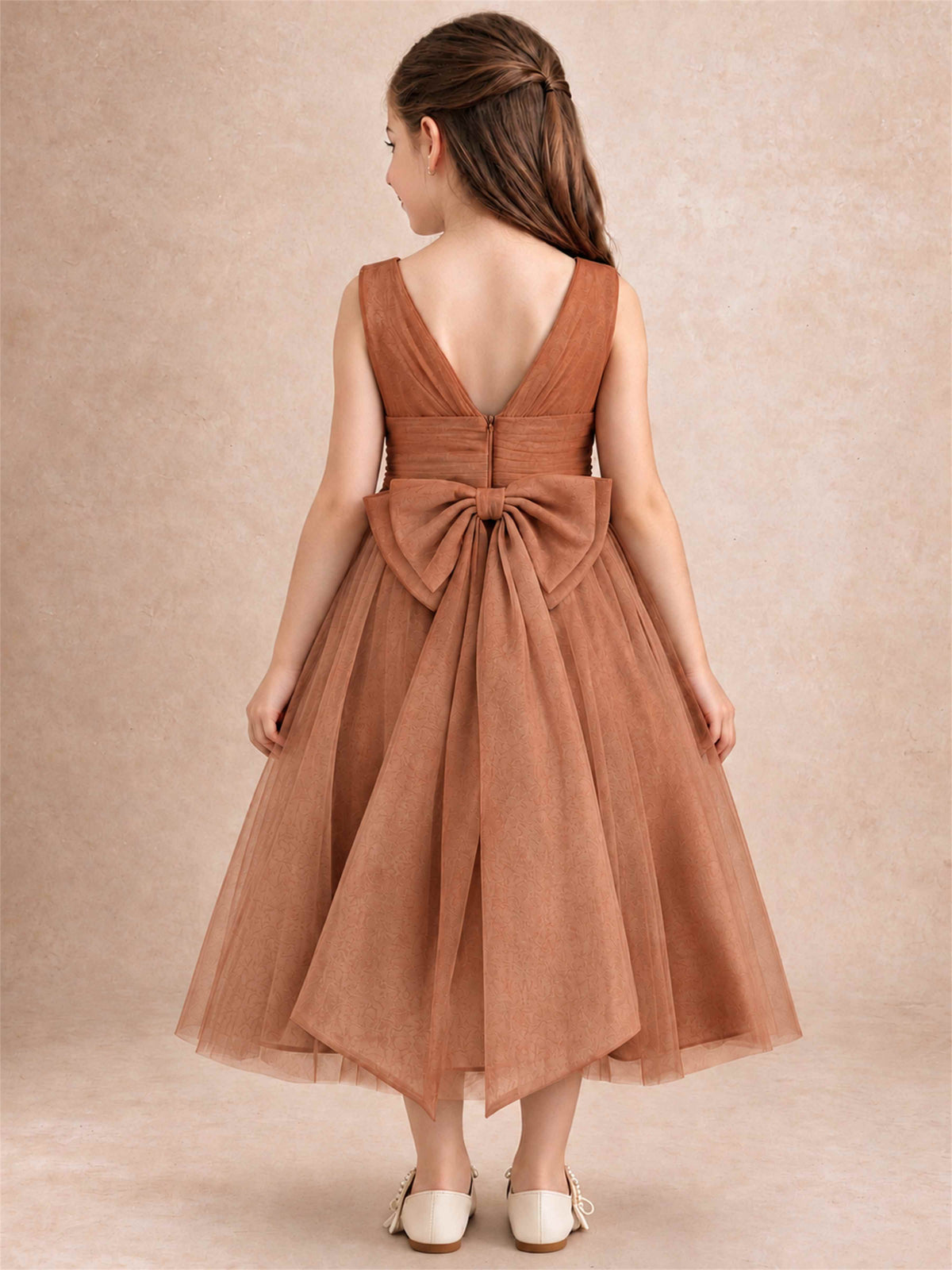 Sleeveless Tulle Flower Girl Dress A Line Tea Length Pleated Kids Wedding Party Gown