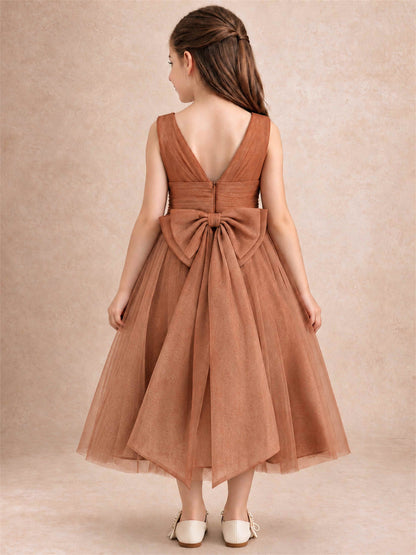 Sleeveless Tulle Flower Girl Dress A Line Tea Length Pleated Kids Wedding Party Gown