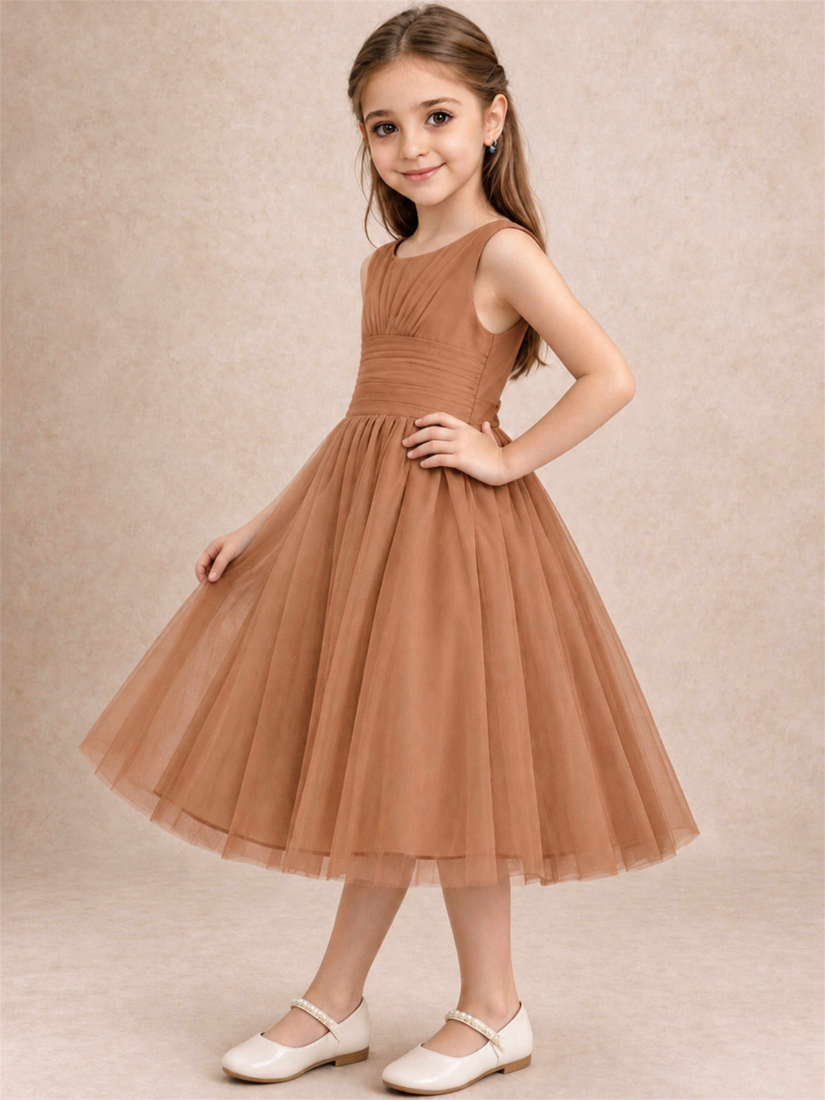 Sleeveless Tulle Flower Girl Dress A Line Tea Length Pleated Kids Wedding Party Gown