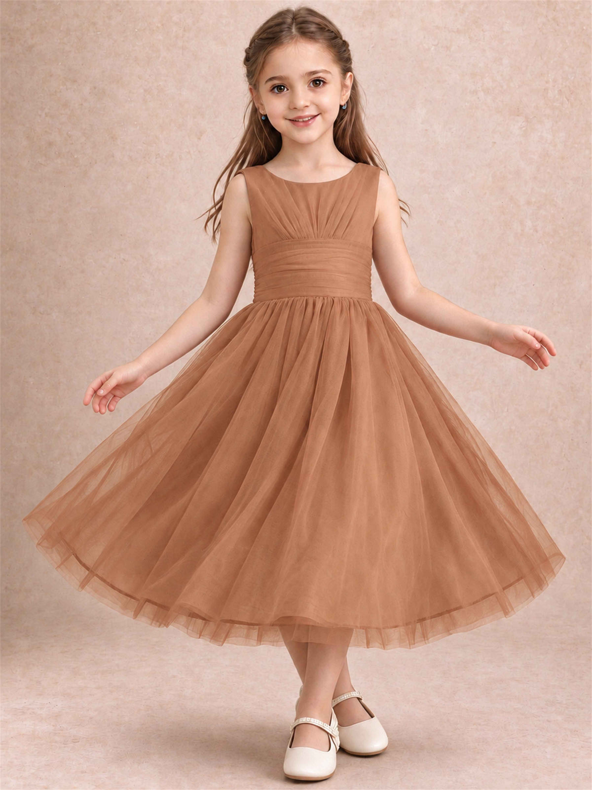Sleeveless Tulle Flower Girl Dress A Line Tea Length Pleated Kids Wedding Party Gown