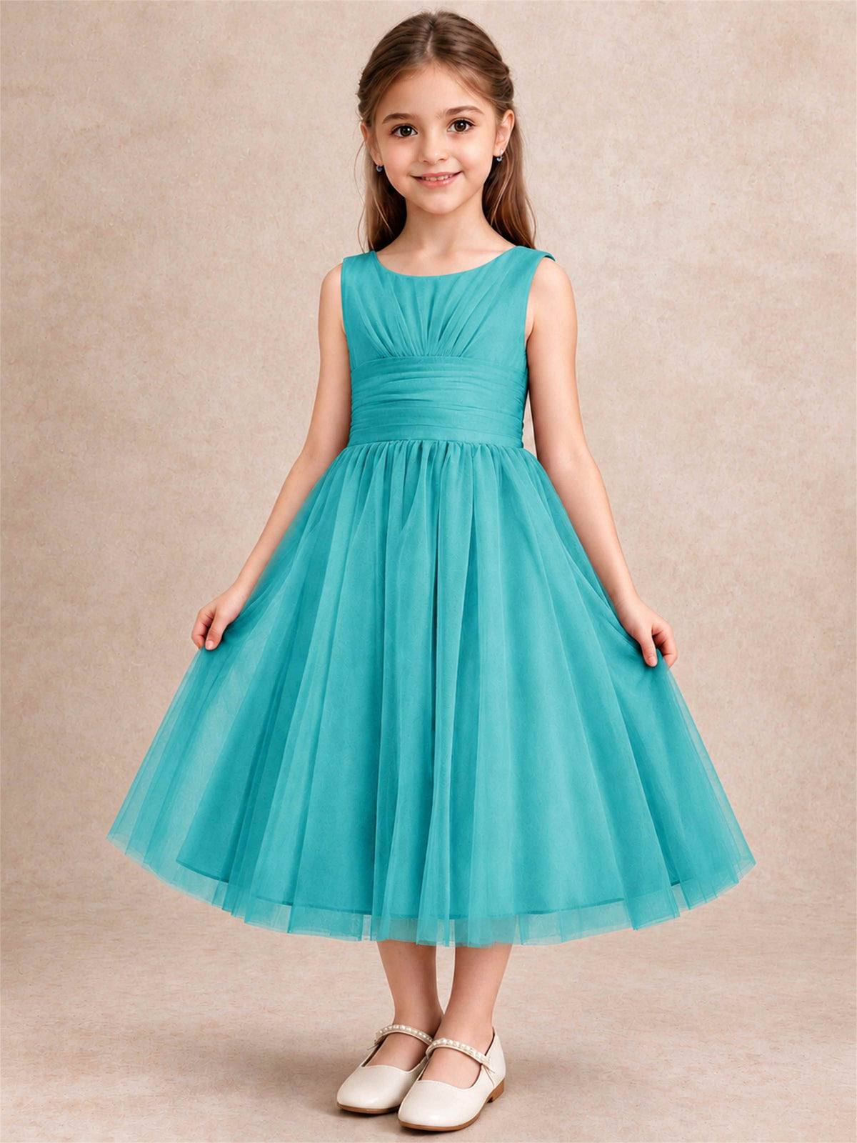 Sleeveless Tulle Flower Girl Dress A Line Tea Length Pleated Kids Wedding Party Gown