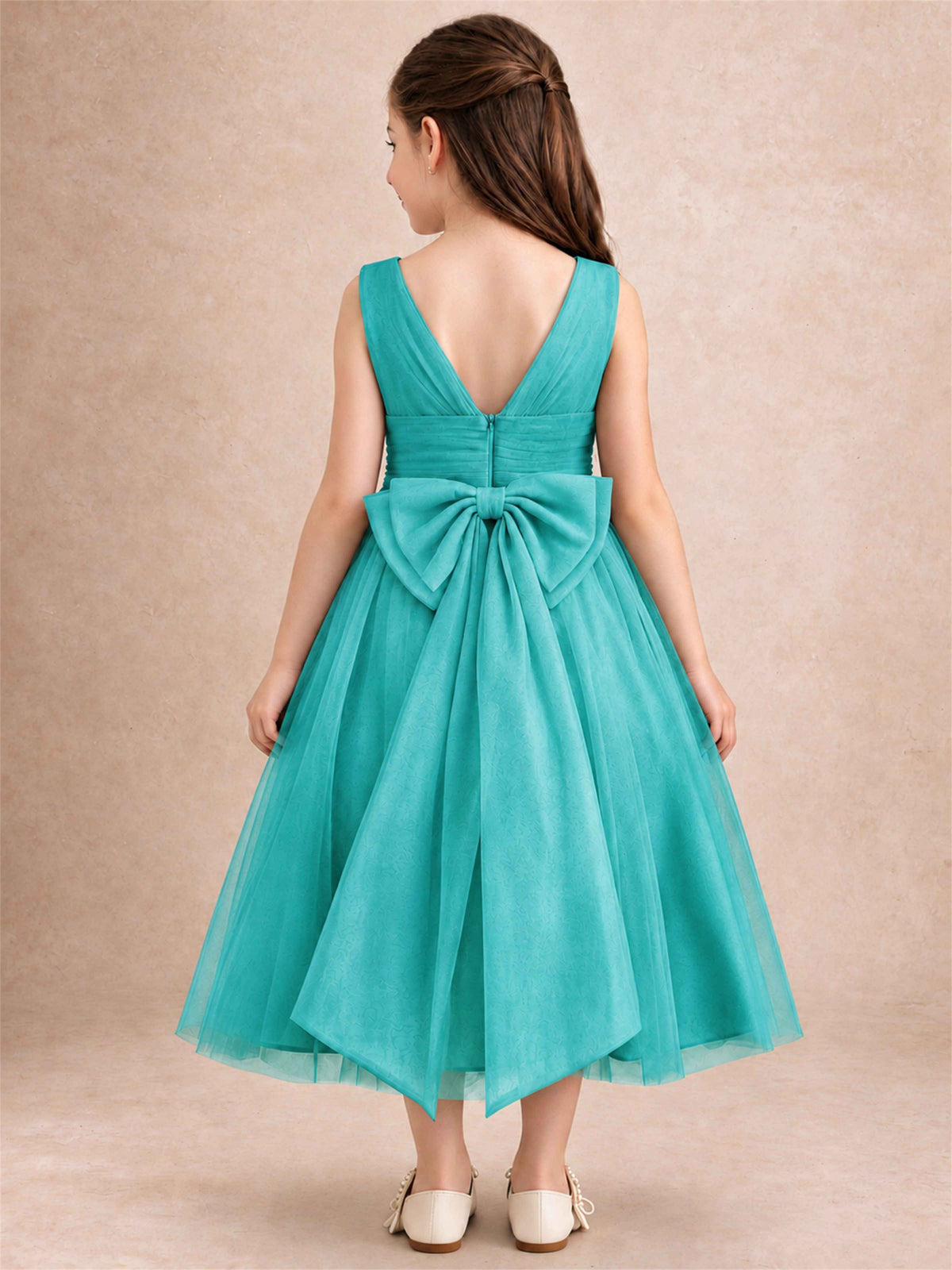 Sleeveless Tulle Flower Girl Dress A Line Tea Length Pleated Kids Wedding Party Gown