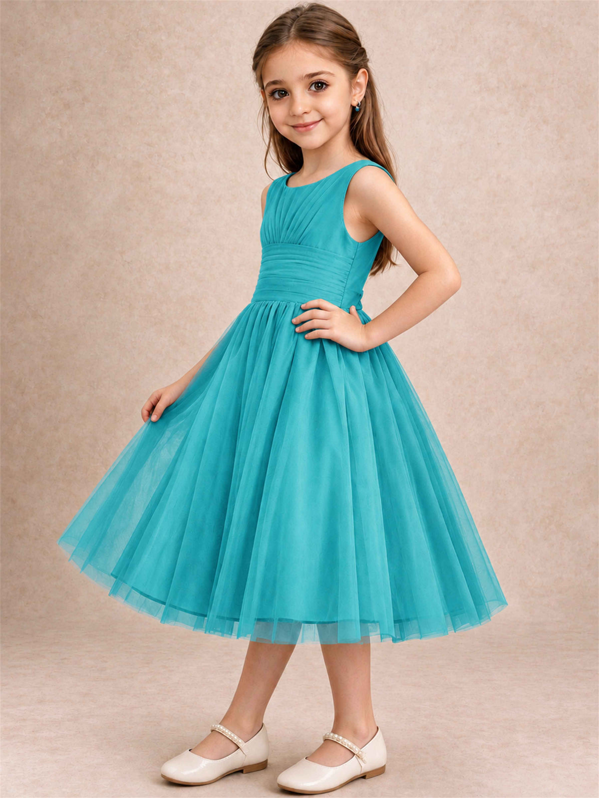 Sleeveless Tulle Flower Girl Dress A Line Tea Length Pleated Kids Wedding Party Gown