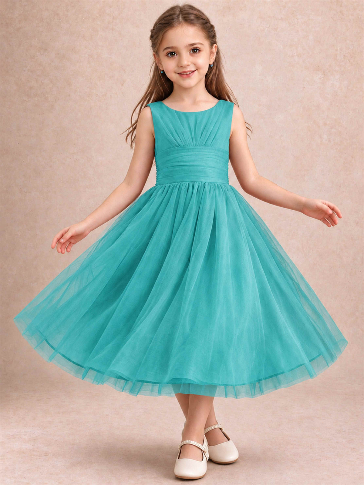 Sleeveless Tulle Flower Girl Dress A Line Tea Length Pleated Kids Wedding Party Gown