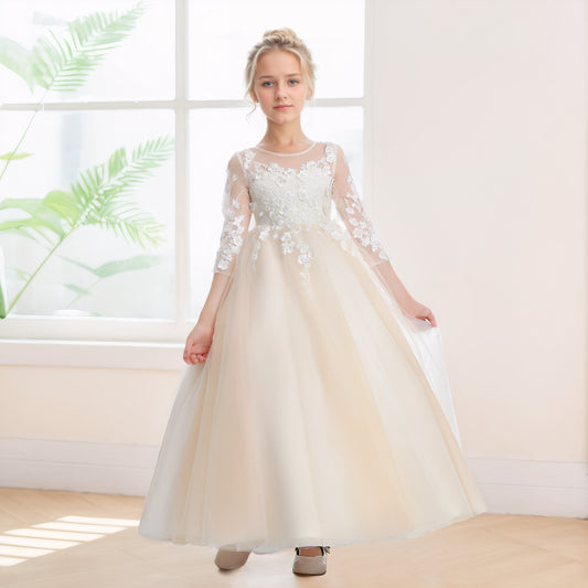 Soft A-Line Half Sleeves Appliques Tulle Long Flower Girl Dresses