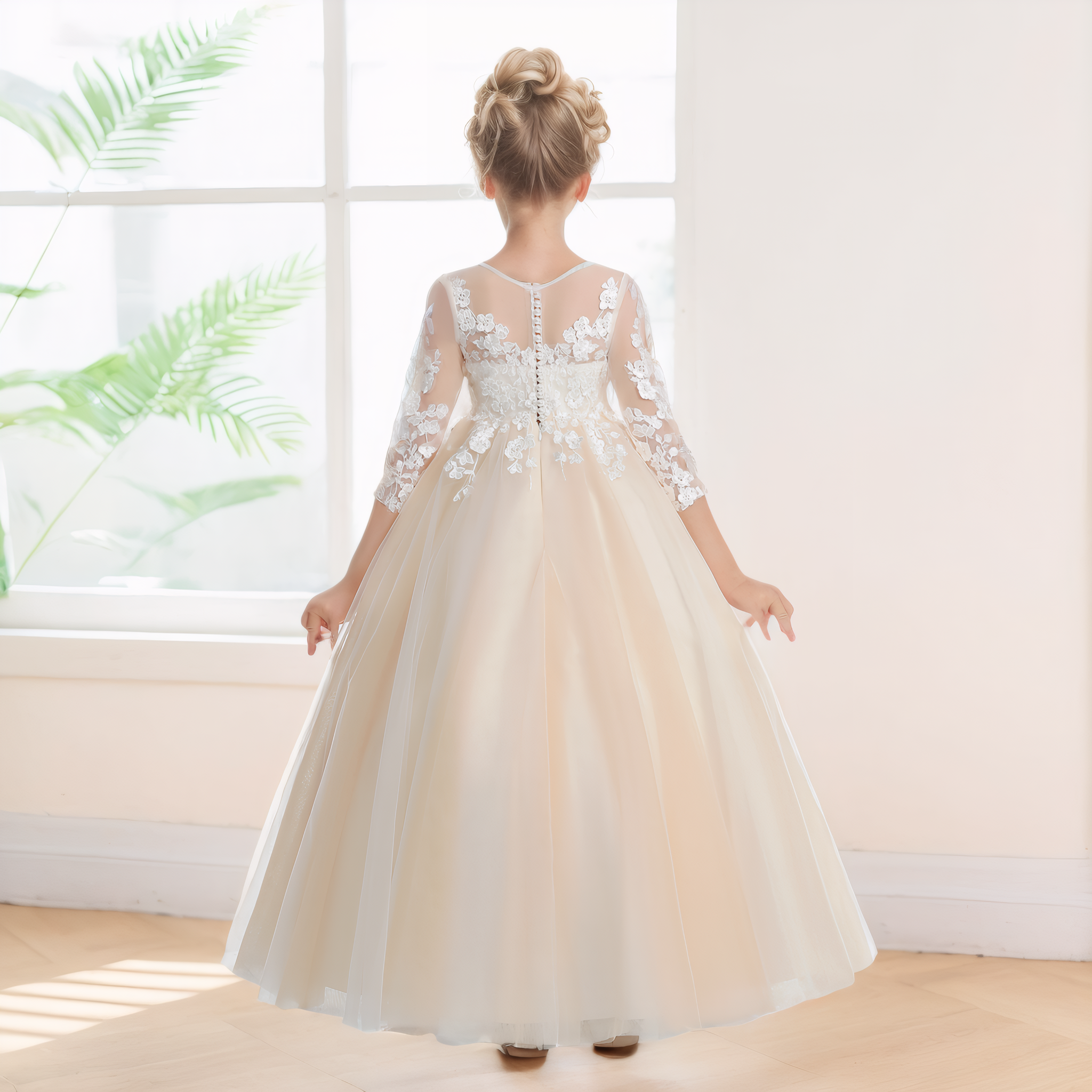 Soft A-Line Half Sleeves Appliques Tulle Long Flower Girl Dresses